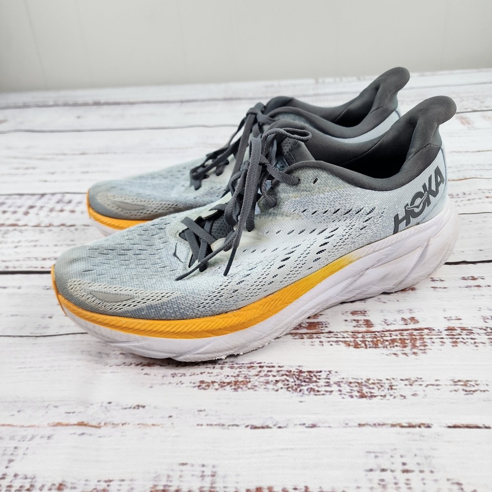 Hoka One One Clifton 8 Grey Orange Mens 10D Running Shoes 1119393 Sneakers